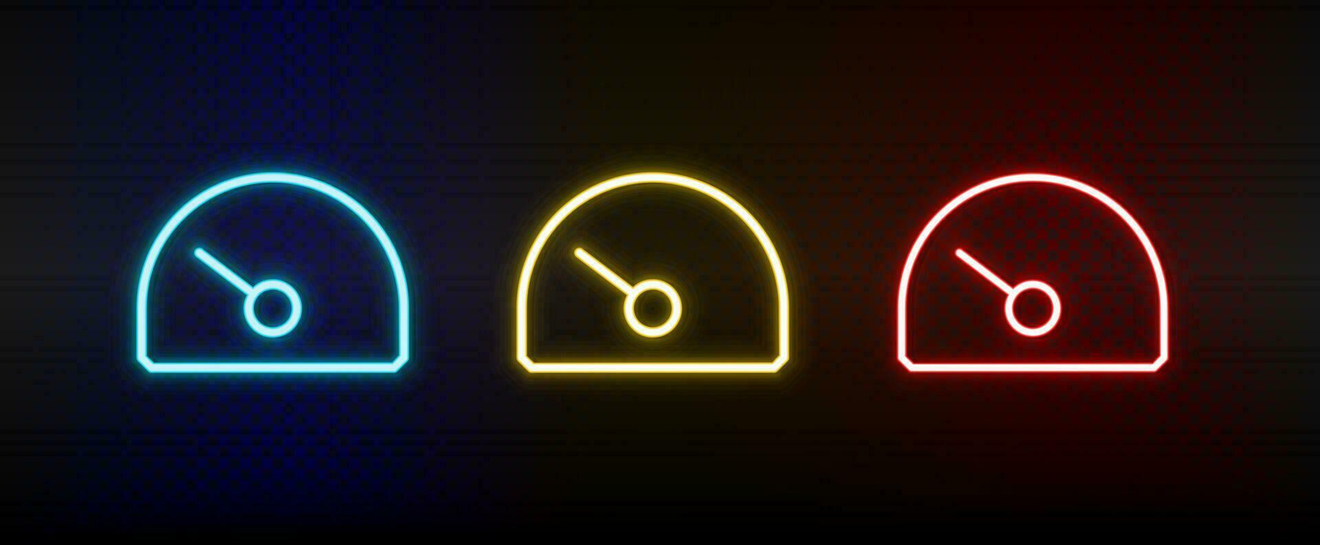 Armaturenbrett, Leistung, Geschwindigkeit Neon- Symbol Satz. einstellen von Rot, Blau, Gelb Neon- Vektor Symbol auf dunkel.