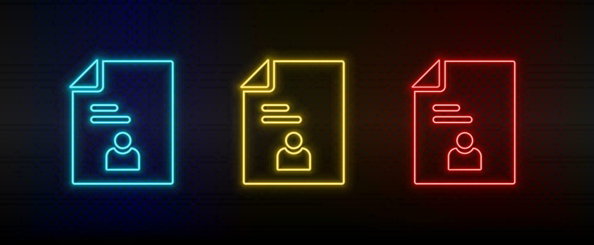 neon ikon uppsättning sökande, kandidat, jobb. uppsättning av röd, blå, gul neon vektor ikon på mörk.