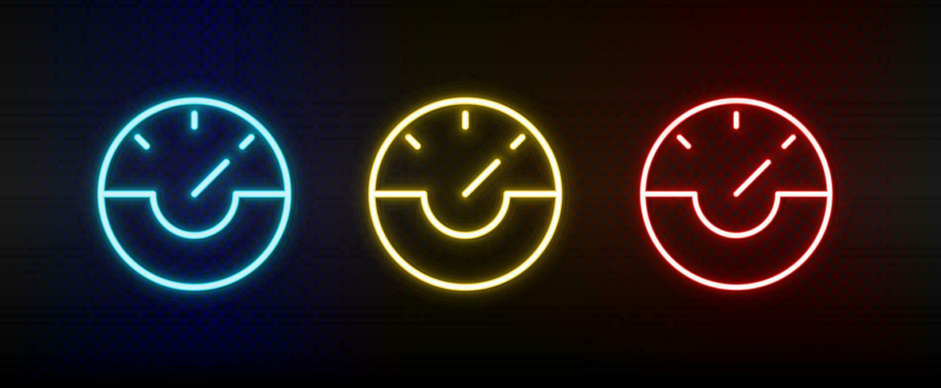 rusa, mätare, hastighet neon ikon uppsättning. uppsättning av röd, blå, gul neon vektor ikon.
