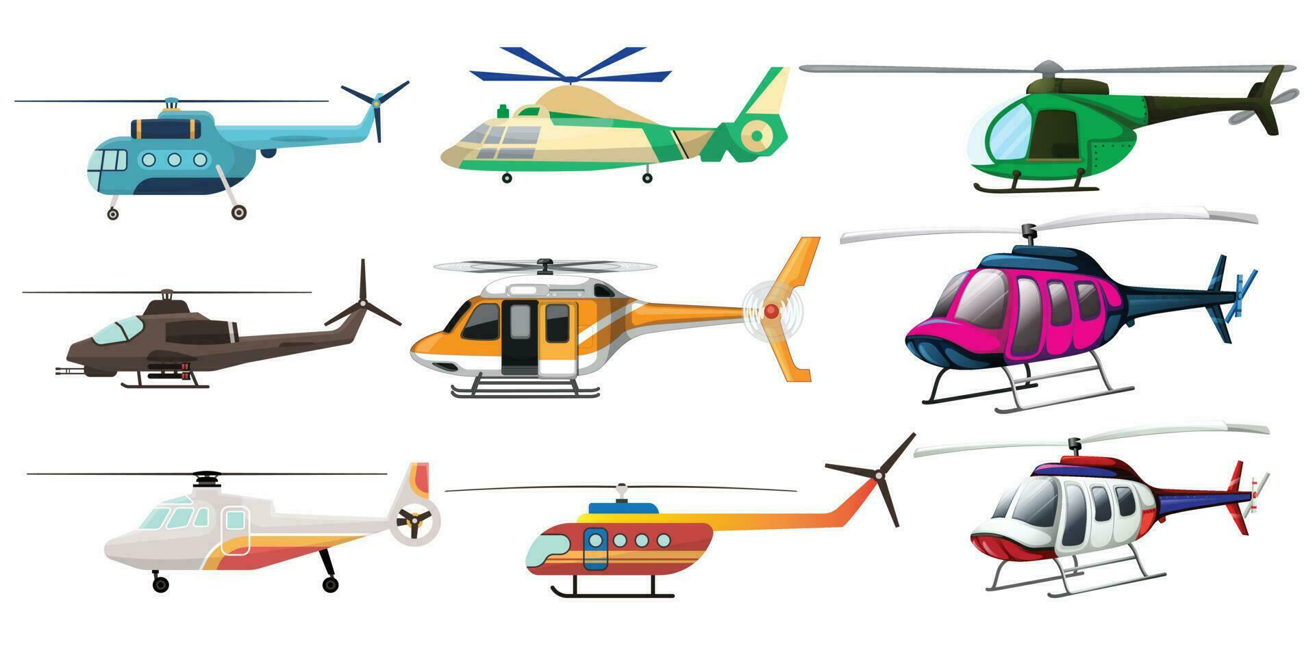 flygande helikopter. flygplan fordon med färgrik cockpit och rotera turbin objekt samling vektor