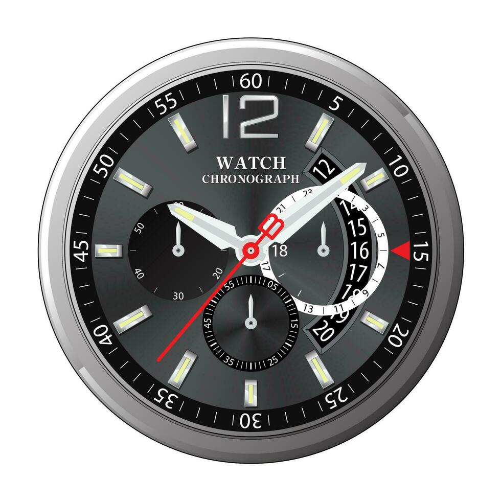 realistisch Uhr Uhr Gesicht Chronograph dunkel Silber auf Weiß Hintergrund Vektor