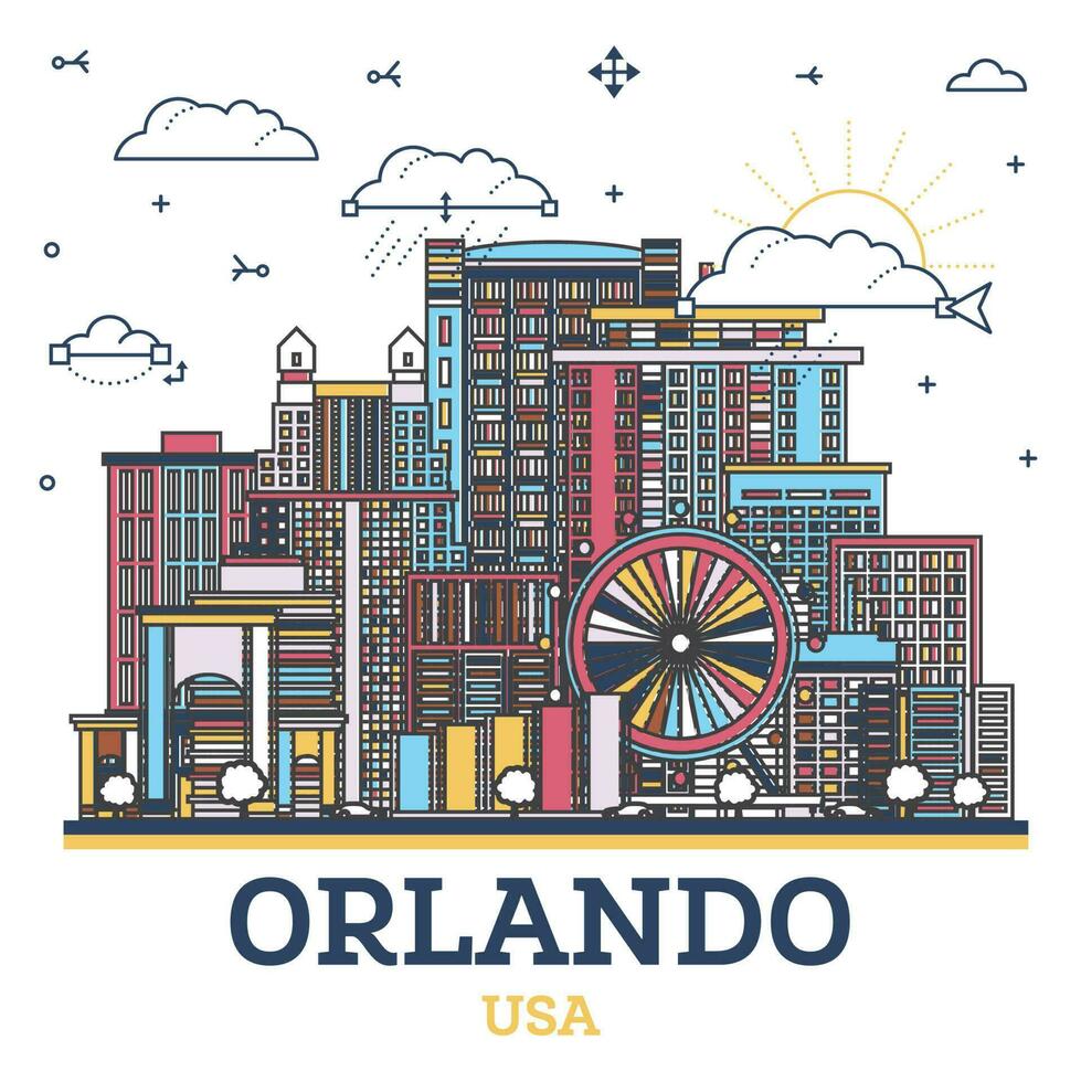 Gliederung Orlando Florida Stadt Horizont mit farbig modern und historisch Gebäude isoliert auf Weiß. Orlando USA Stadtbild mit Sehenswürdigkeiten. vektor