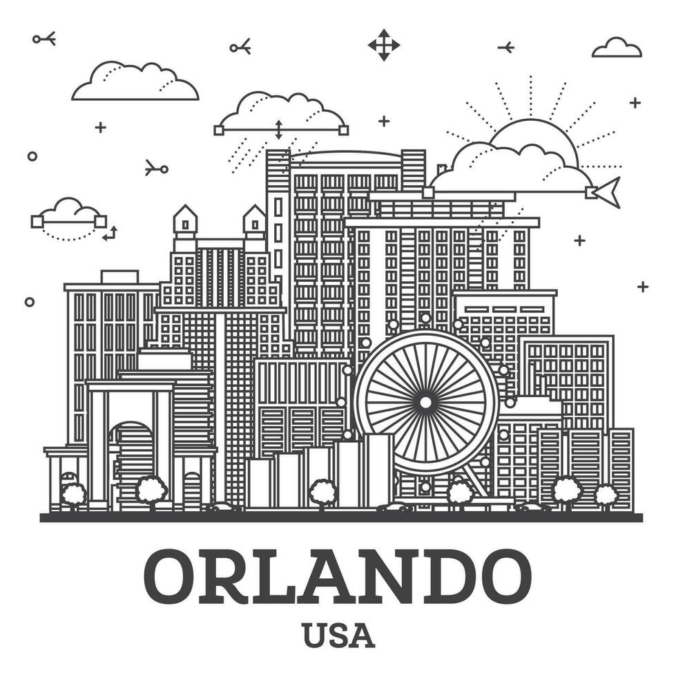 Gliederung Orlando Florida Stadt Horizont mit modern und historisch Gebäude isoliert auf Weiß. Orlando USA Stadtbild mit Sehenswürdigkeiten. vektor