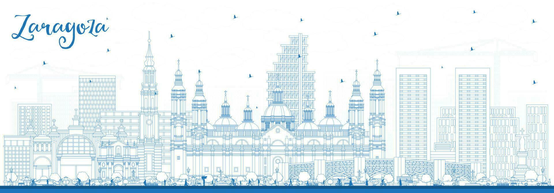 Gliederung Saragossa Spanien Stadt Horizont mit Blau Gebäude. Vektor Illustration. Saragossa Stadtbild mit Sehenswürdigkeiten.