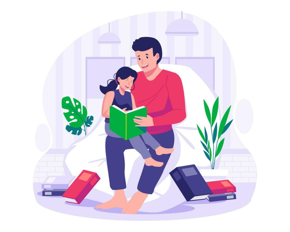 Vater lesen ein Buch zusammen mit seine Kind. Vati Sitzung auf das Stuhl lesen ein Märchenbuch mit seine Tochter. glücklich Vaters Tag. Vektor Illustration
