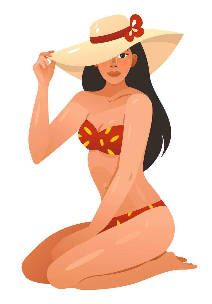 ein Frau im ein Badeanzug und ein Sommer- Hut. weiblich im ein Badeanzug ist Sonnenbaden. Karikatur Vektor Illustration.