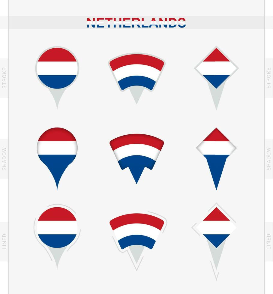 Niederlande Flagge, einstellen von Ort Stift Symbole von Niederlande Flagge. vektor