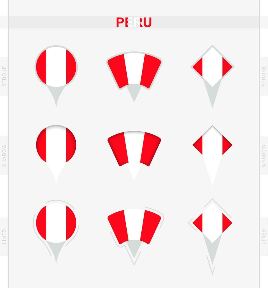 Peru Flagge, einstellen von Ort Stift Symbole von Peru Flagge. vektor