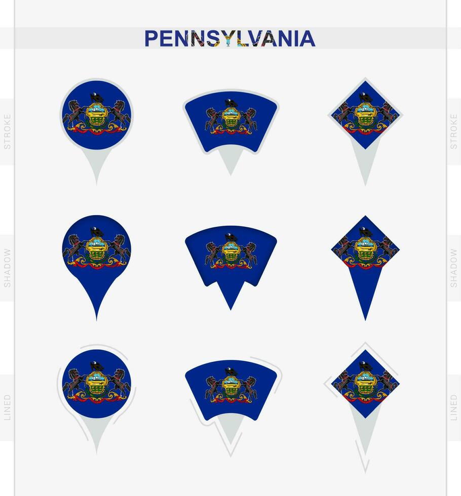 Pennsylvania Flagge, einstellen von Ort Stift Symbole von Pennsylvania Flagge. vektor