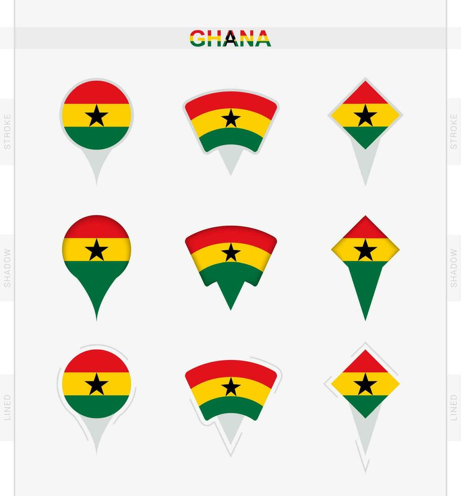 ghana flagga, uppsättning av plats stift ikoner av ghana flagga. vektor