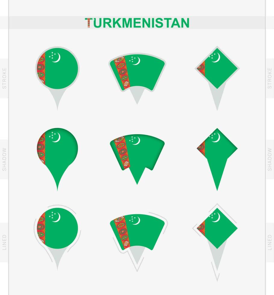 Turkmenistan Flagge, einstellen von Ort Stift Symbole von Turkmenistan Flagge. vektor