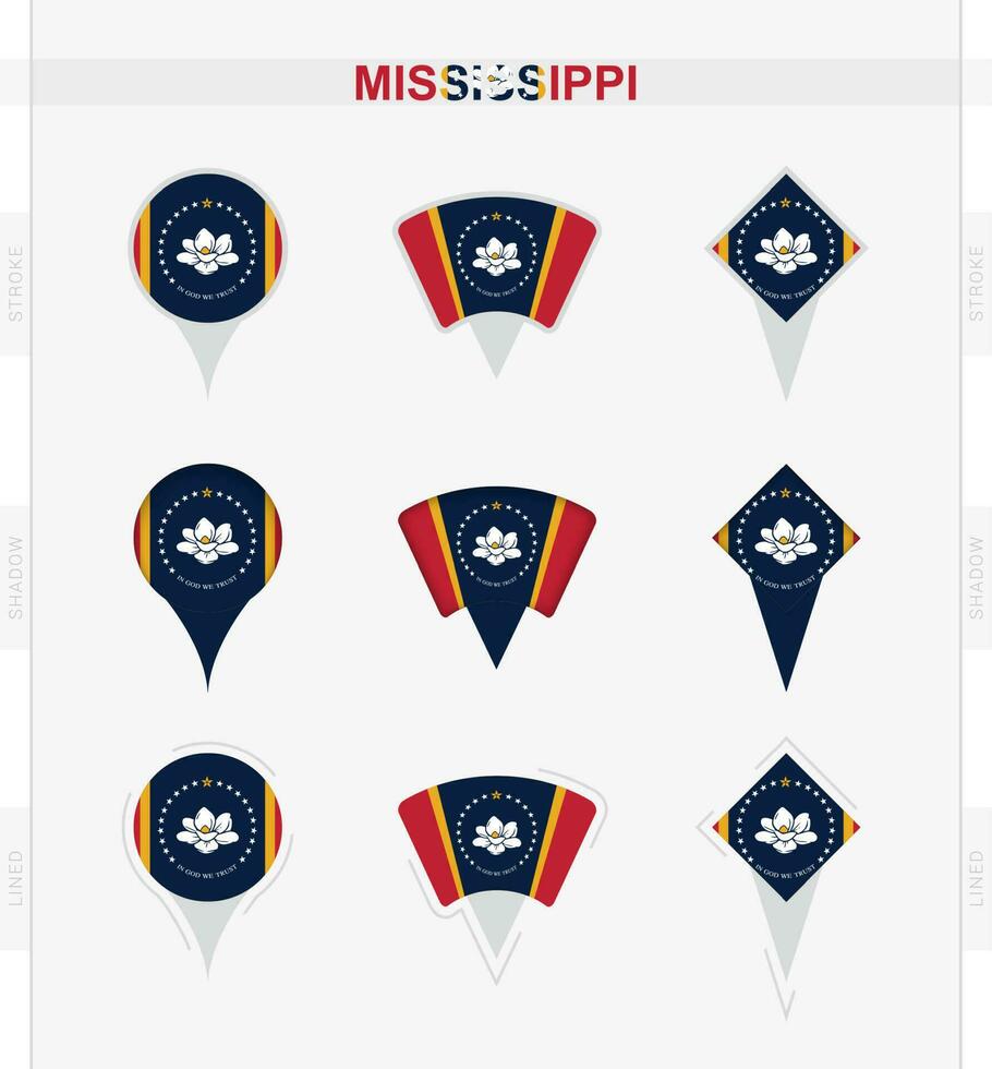 Mississippi Flagge, einstellen von Ort Stift Symbole von Mississippi Flagge. vektor