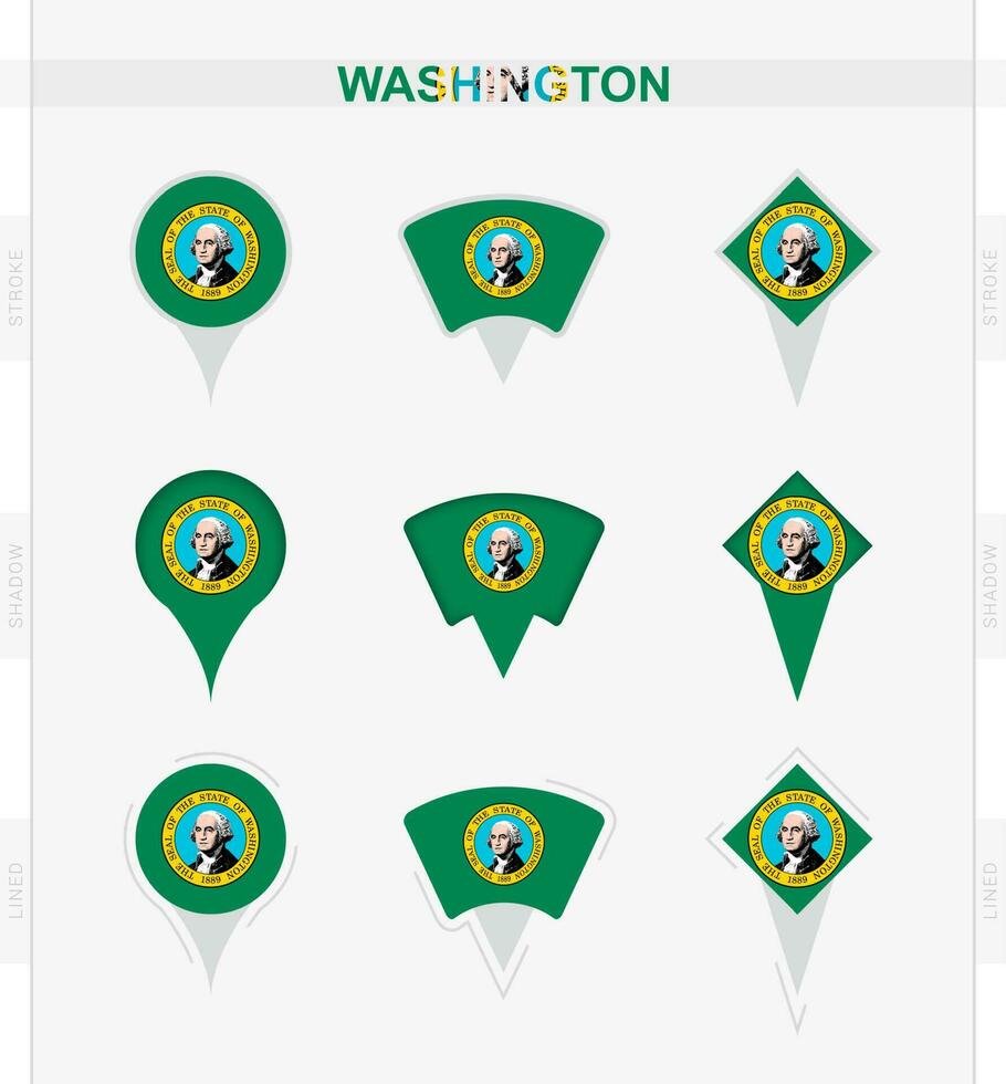 Washington flagga, uppsättning av plats stift ikoner av Washington flagga. vektor