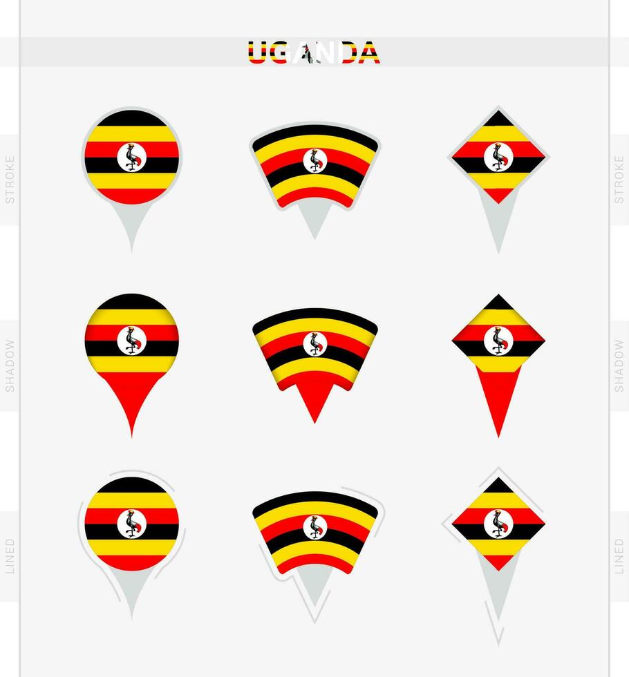 Uganda Flagge, einstellen von Ort Stift Symbole von Uganda Flagge. vektor