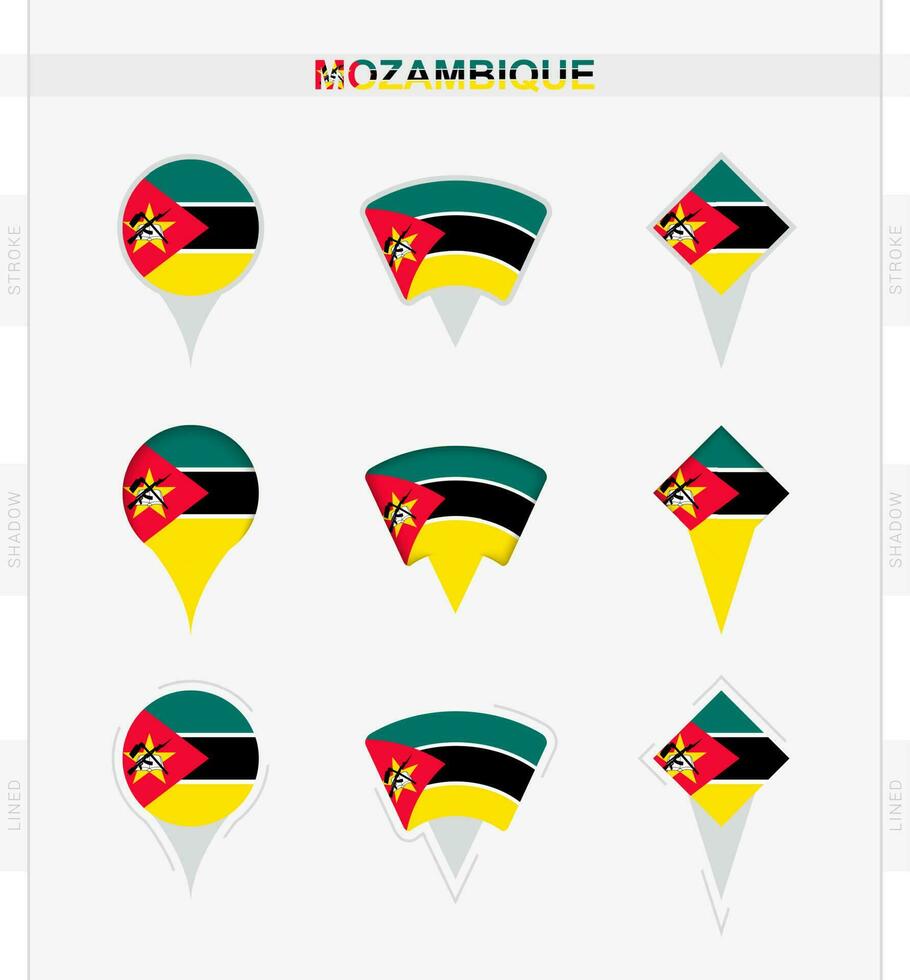 Mozambique Flagge, einstellen von Ort Stift Symbole von Mozambique Flagge. vektor