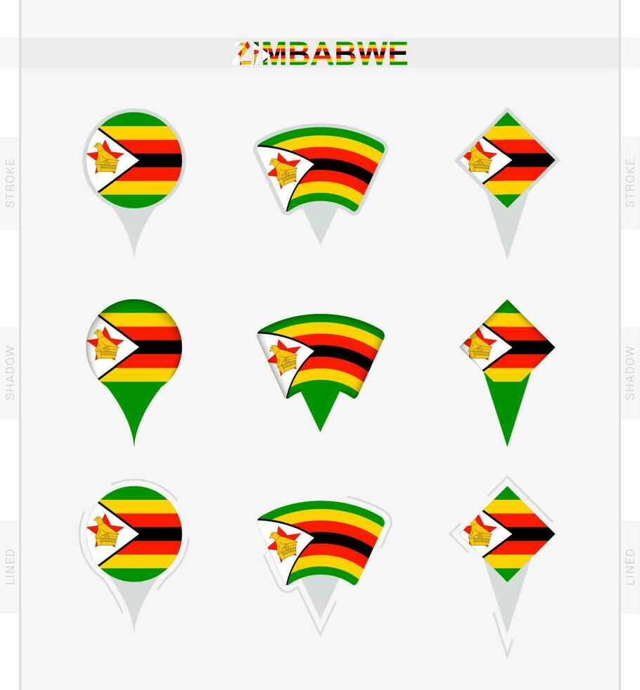 zimbabwe flagga, uppsättning av plats stift ikoner av zimbabwe flagga. vektor