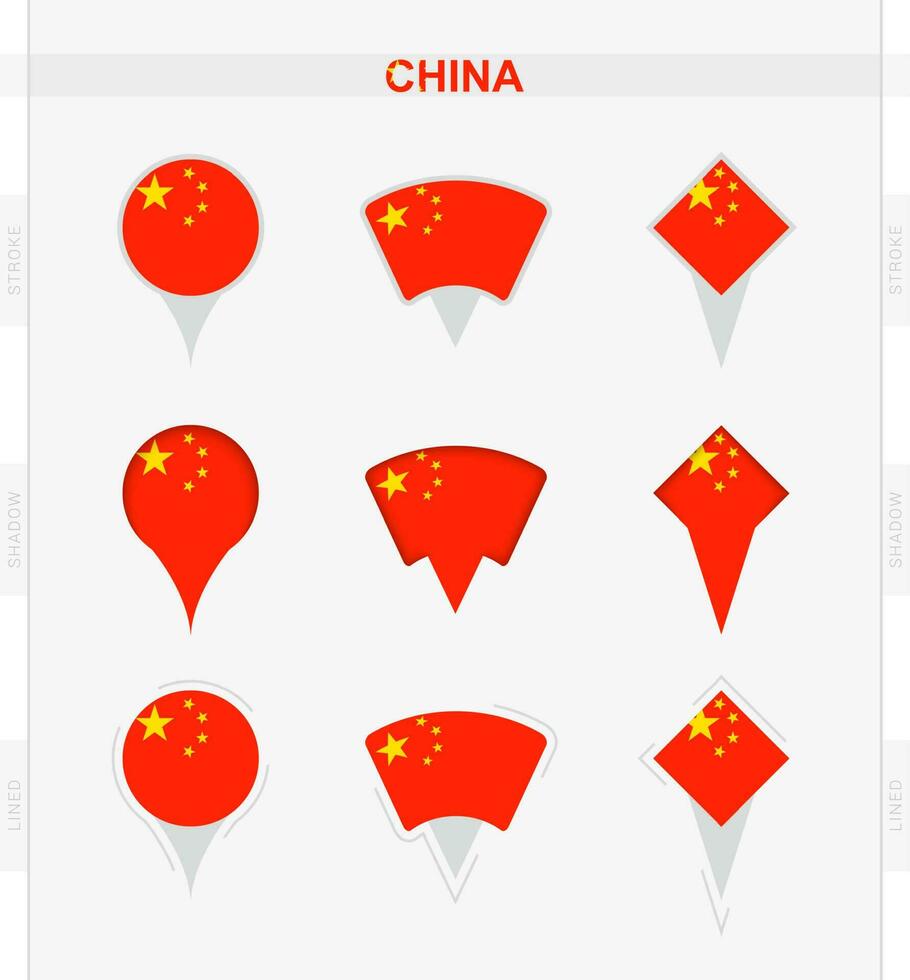 China Flagge, einstellen von Ort Stift Symbole von China Flagge. vektor