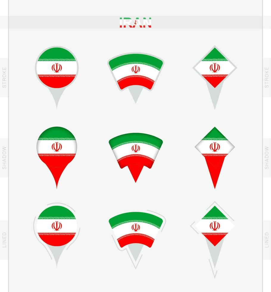 iran flagga, uppsättning av plats stift ikoner av iran flagga. vektor