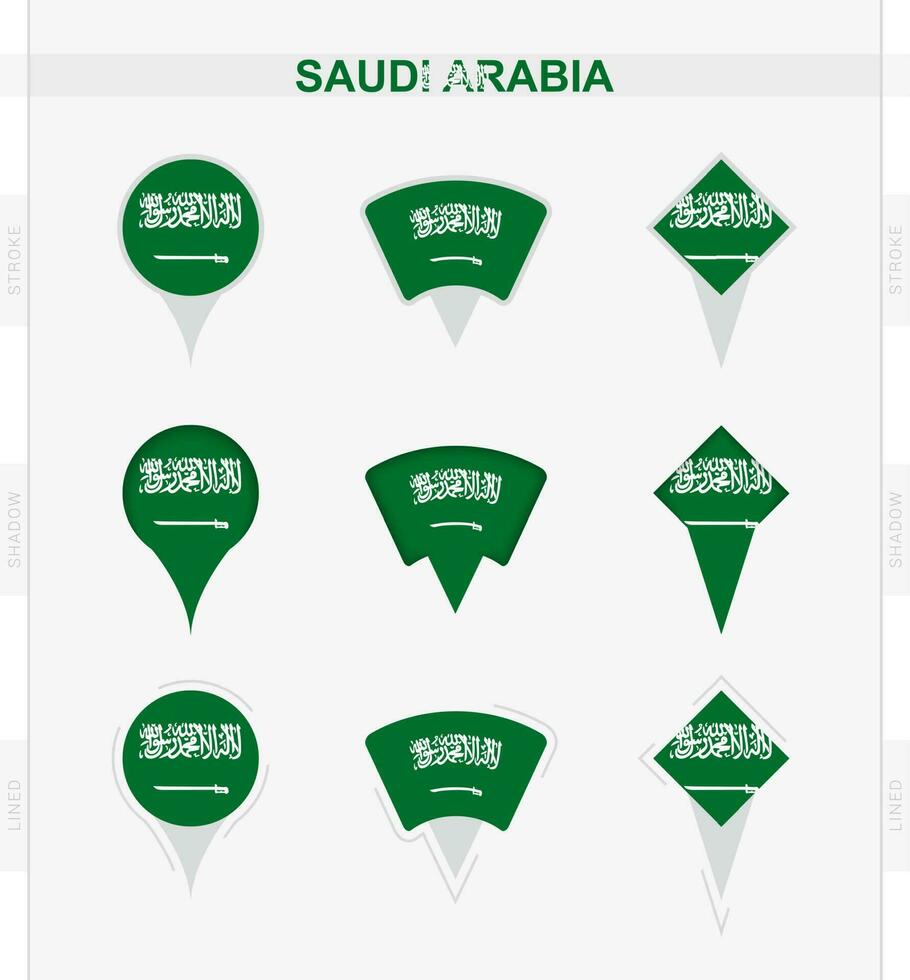 Saudi Arabien Flagge, einstellen von Ort Stift Symbole von Saudi Arabien Flagge. vektor