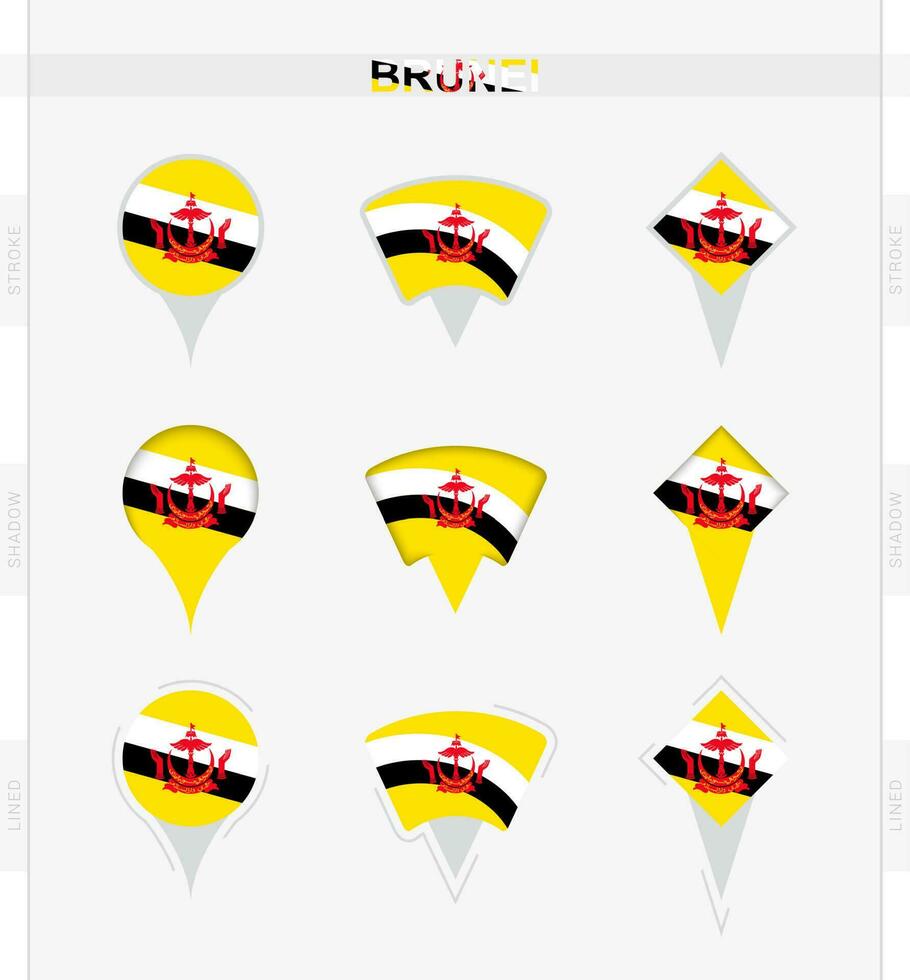 brunei flagga, uppsättning av plats stift ikoner av brunei flagga. vektor