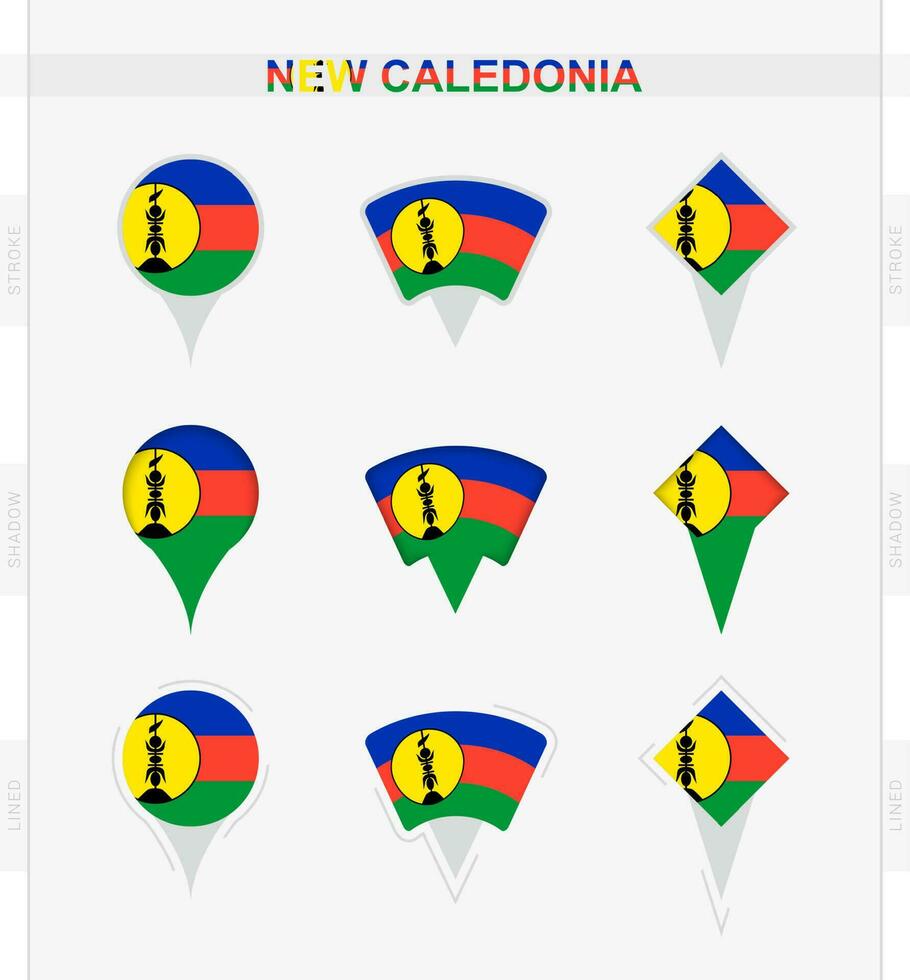 ny Kaledonien flagga, uppsättning av plats stift ikoner av ny Kaledonien flagga. vektor