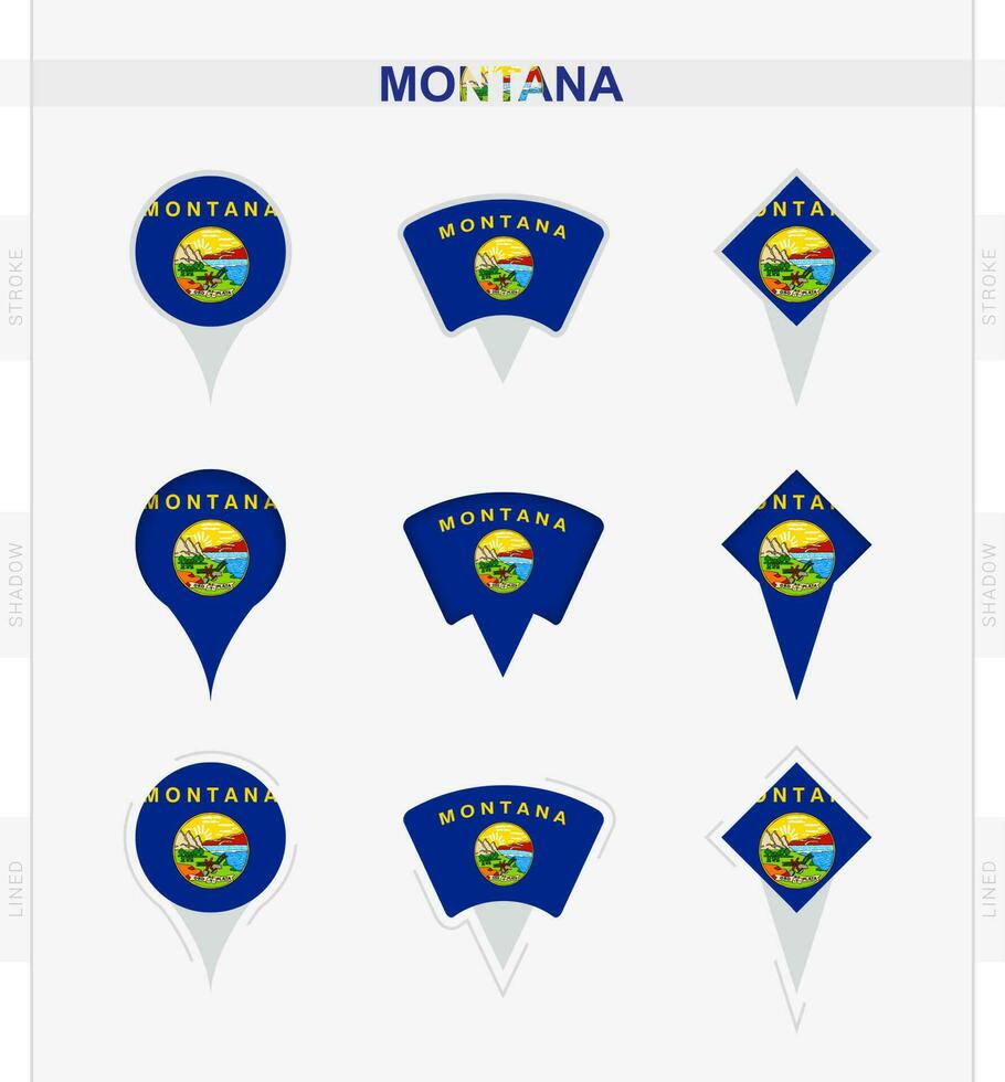 Montana Flagge, einstellen von Ort Stift Symbole von Montana Flagge. vektor