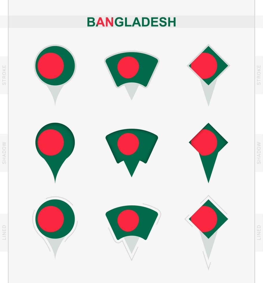 bangladesh flagga, uppsättning av plats stift ikoner av bangladesh flagga. vektor