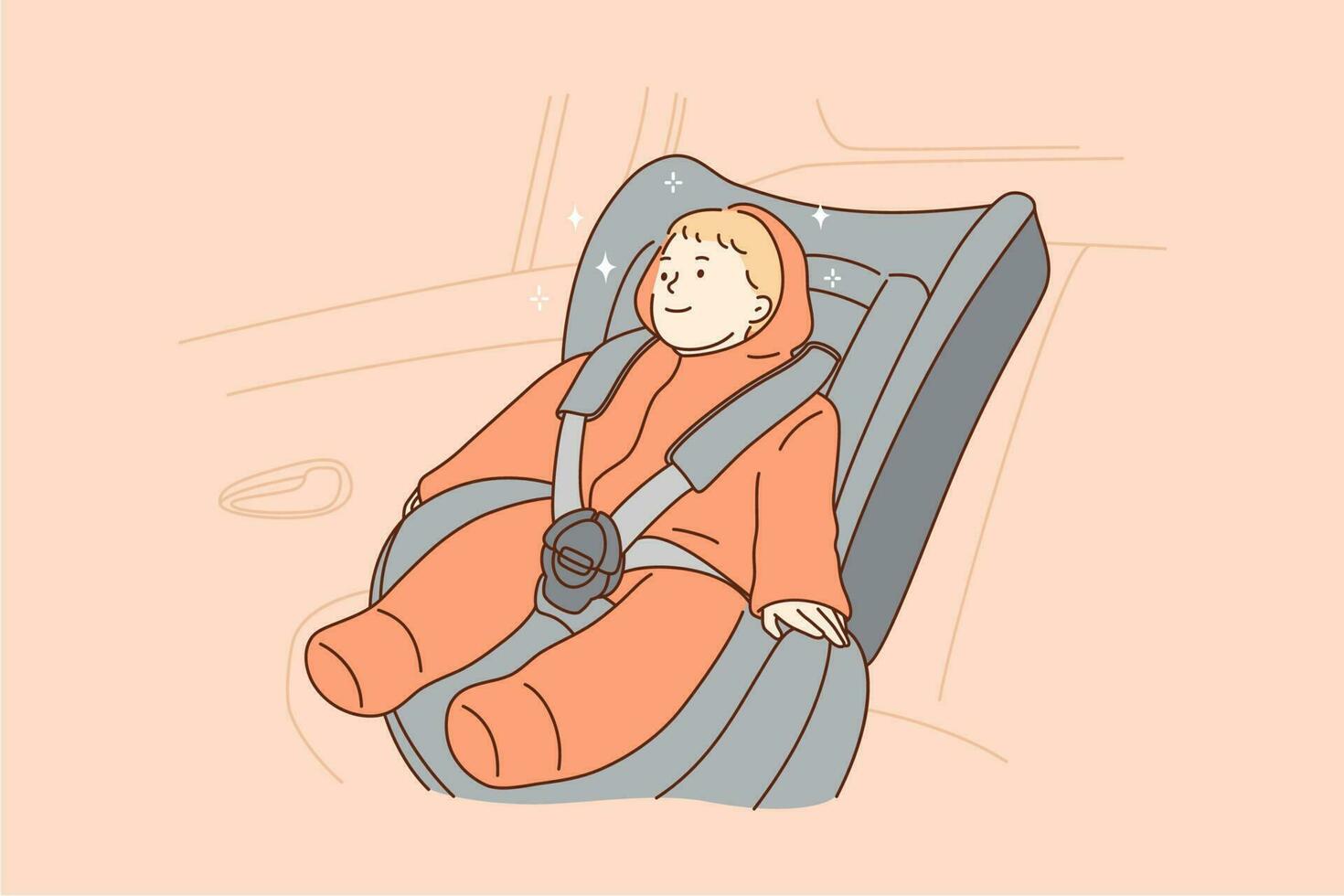 Transport, Sicherheit, Kindheit Konzept. jung hapy lächelnd Kind Kind Junge Säugling Kleinkind Karikatur Charakter Sitzung im Besondere Baby Auto Sitz im Automobil. Kinder Sicherheit im Transport Fahrzeug. vektor