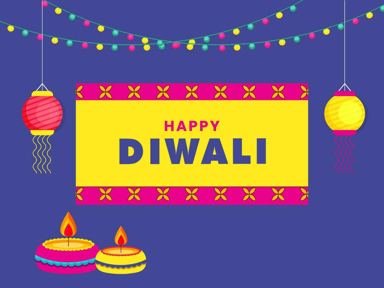 Lycklig diwali hälsning kort med belyst olja lampor och lyktor hänga på blå mandala mönster bakgrund. vektor