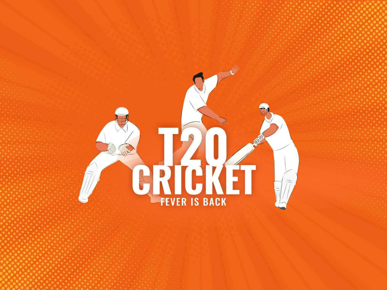 t20 cricket feber är tillbaka affisch design med kricketspelare spelare på orange prickad strålar bakgrund. vektor