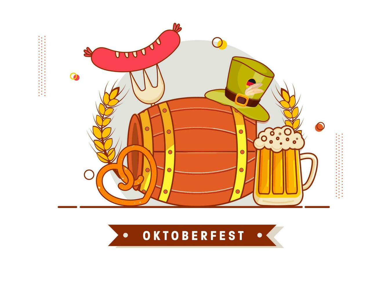 Oktoberfest Festival Konzept mit Fass, Brezel, Bier Becher, Weizen Ohr, Würstchen Gabel und Deutsche oben Hut auf Weiß Hintergrund. vektor