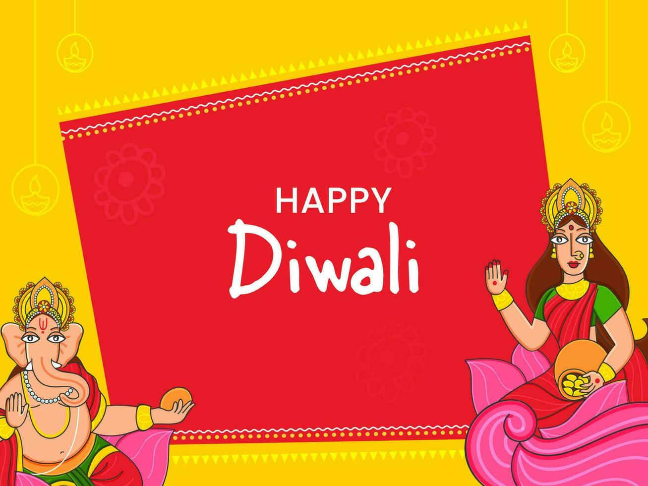 Illustration von Herr Ganesha mit Göttin Lakshmi Charakter auf rot und Gelb Baclground zum glücklich Diwali Feier. vektor