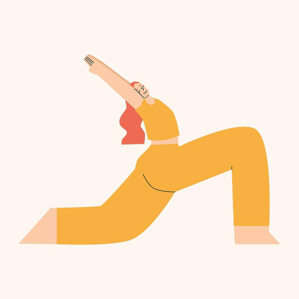 jung Frau tun Yoga Krieger Pose. gesund Lebensstil. Vektor Hand gezeichnet Illustration isoliert auf Weiß Hintergrund.