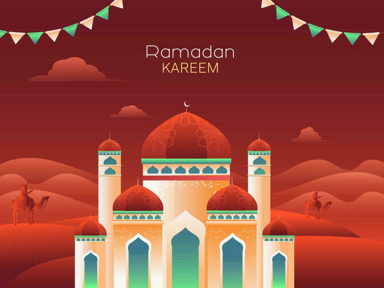 Ramadan kareem Konzept mit exquisit Moschee auf rot Wüste Aussicht Hintergrund. vektor
