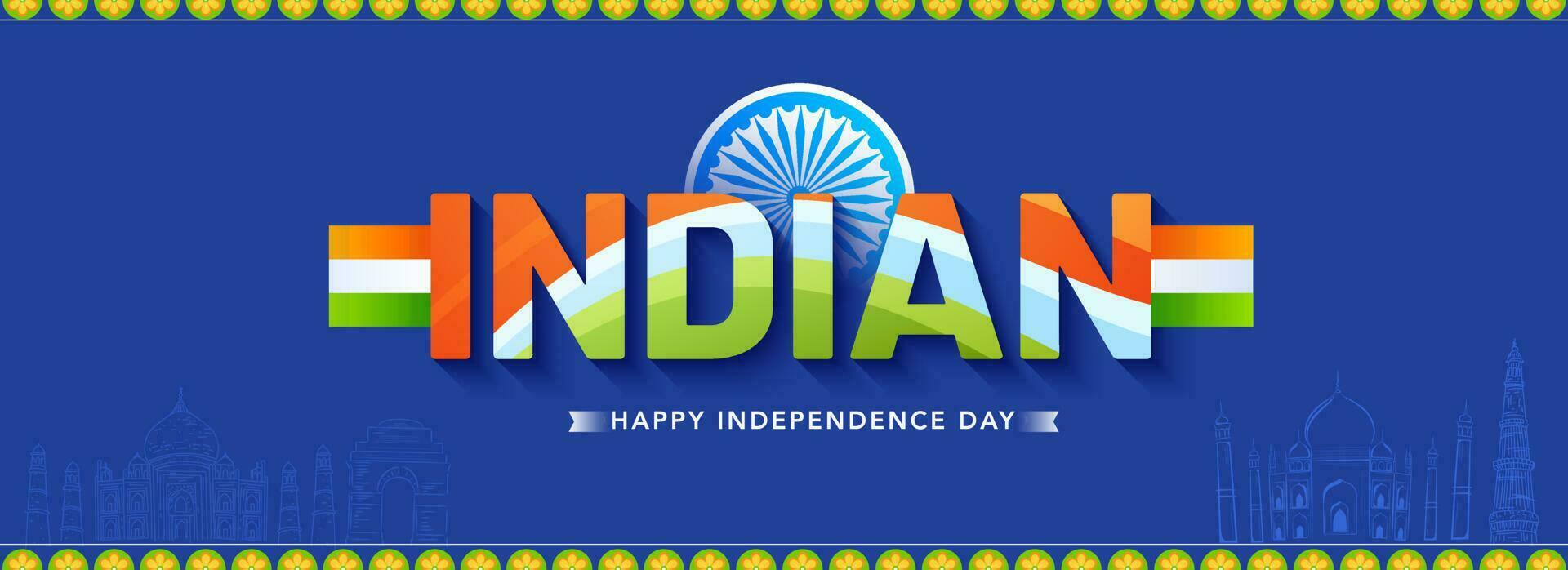 tricolor indisk text med ashoka hjul på blå känd monument bakgrund för Lycklig oberoende dag begrepp. vektor