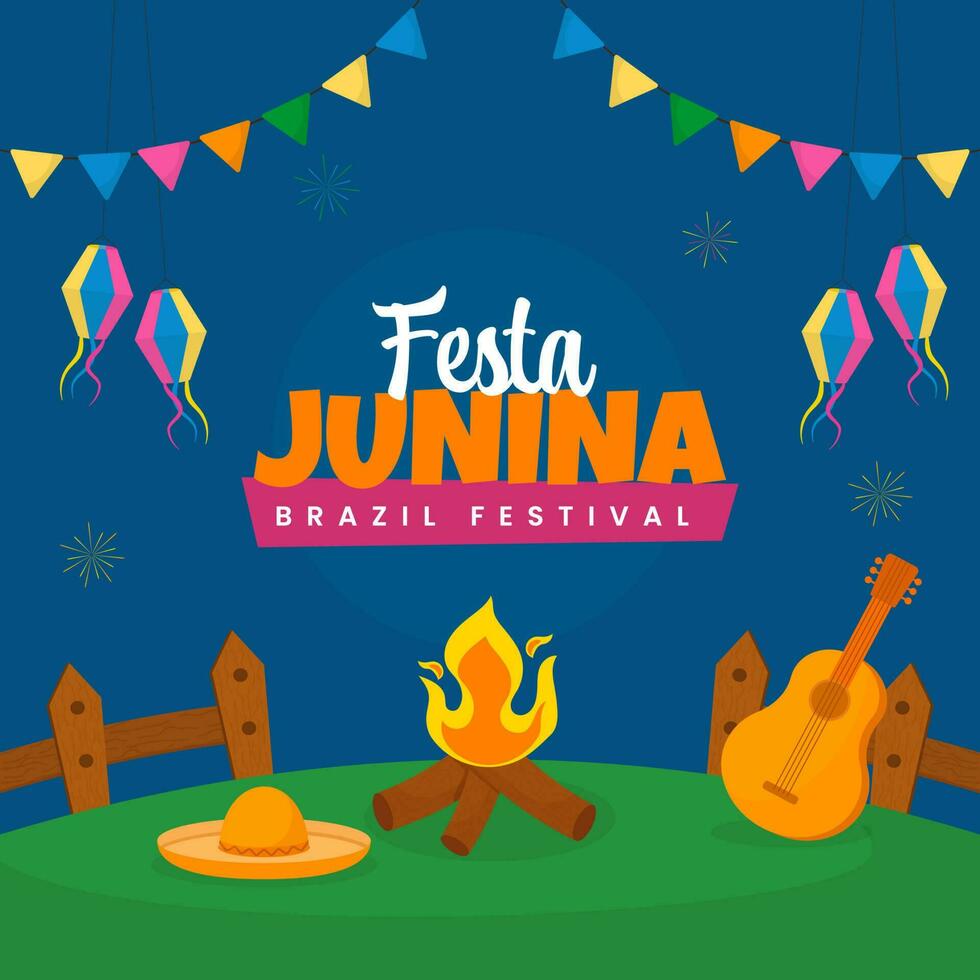 Brasilien Festival festa junina Feier Hintergrund mit Lagerfeuer, Gitarre, Sombrero Hut Illustration. vektor