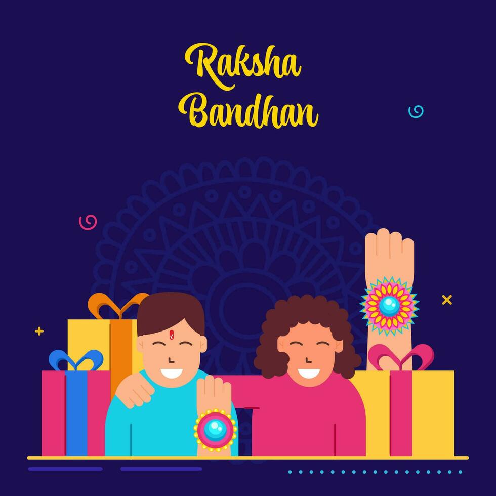 Raksha bandhan begrepp med glad bror och syster tillsammans, gåva lådor på lila bakgrund. vektor
