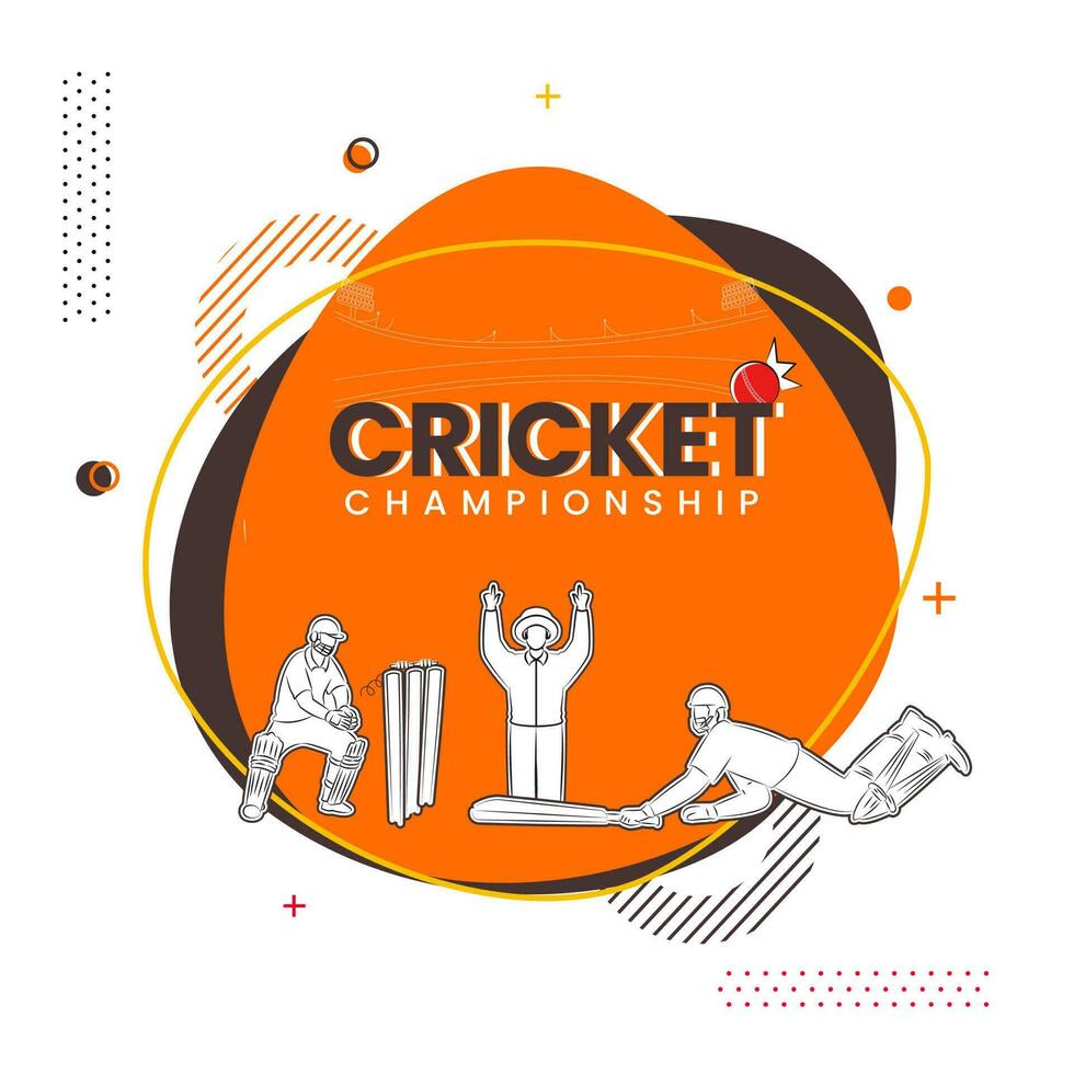 cricket mästerskap affisch design med klistermärke stil domare signal- sex springa, slagman och grind vårdare spelare på abstrakt bakgrund. vektor