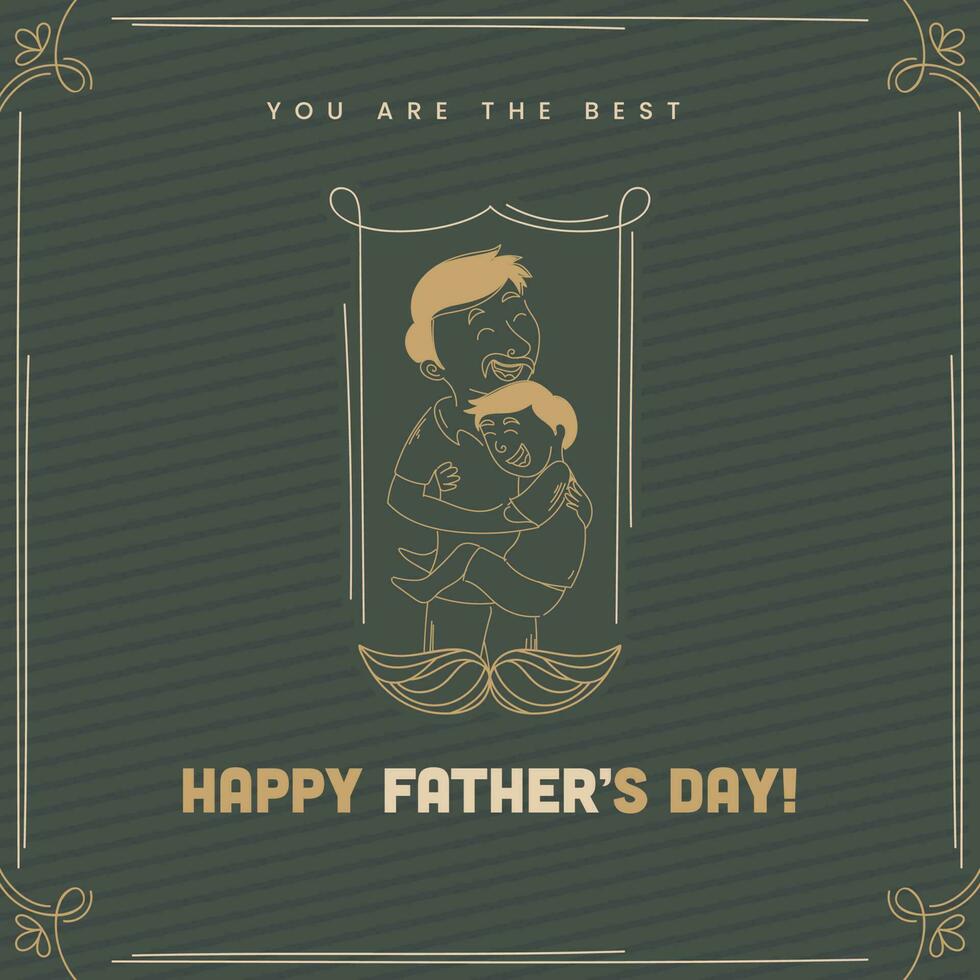 Lycklig fars dag hälsning kort med linje konst man kramas hans son på oliv Ränder bakgrund. vektor
