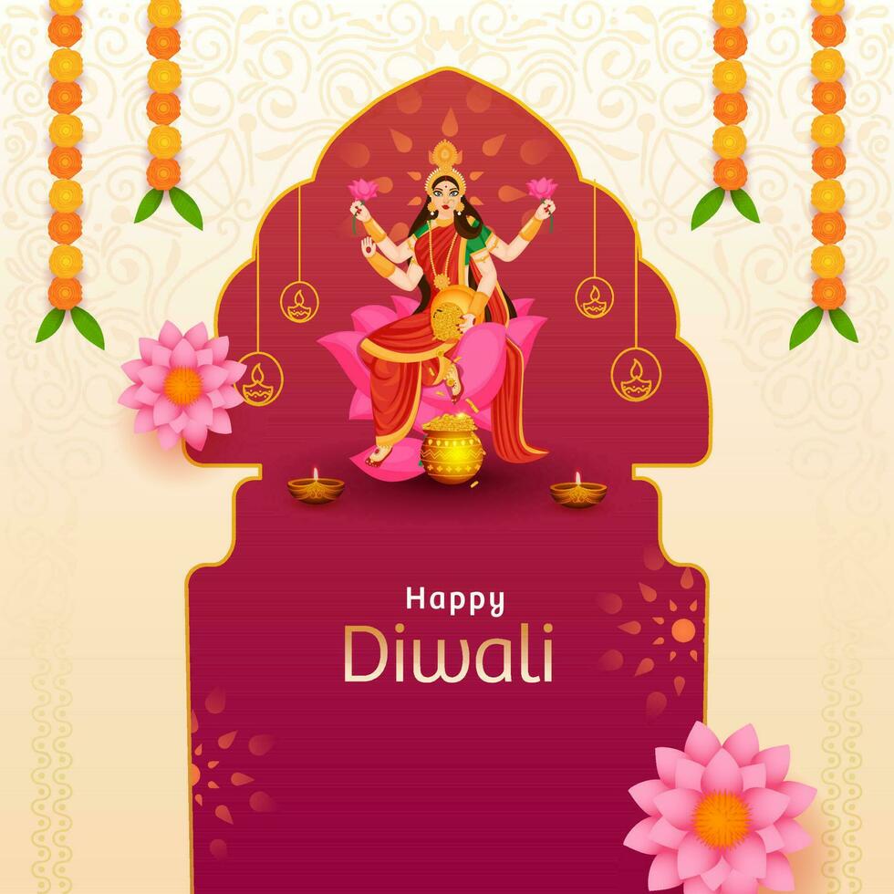 karaktär av gudinna lakshmi på lotus blomma med belyst olja lampor och blommig krans för Lycklig diwali begrepp. vektor