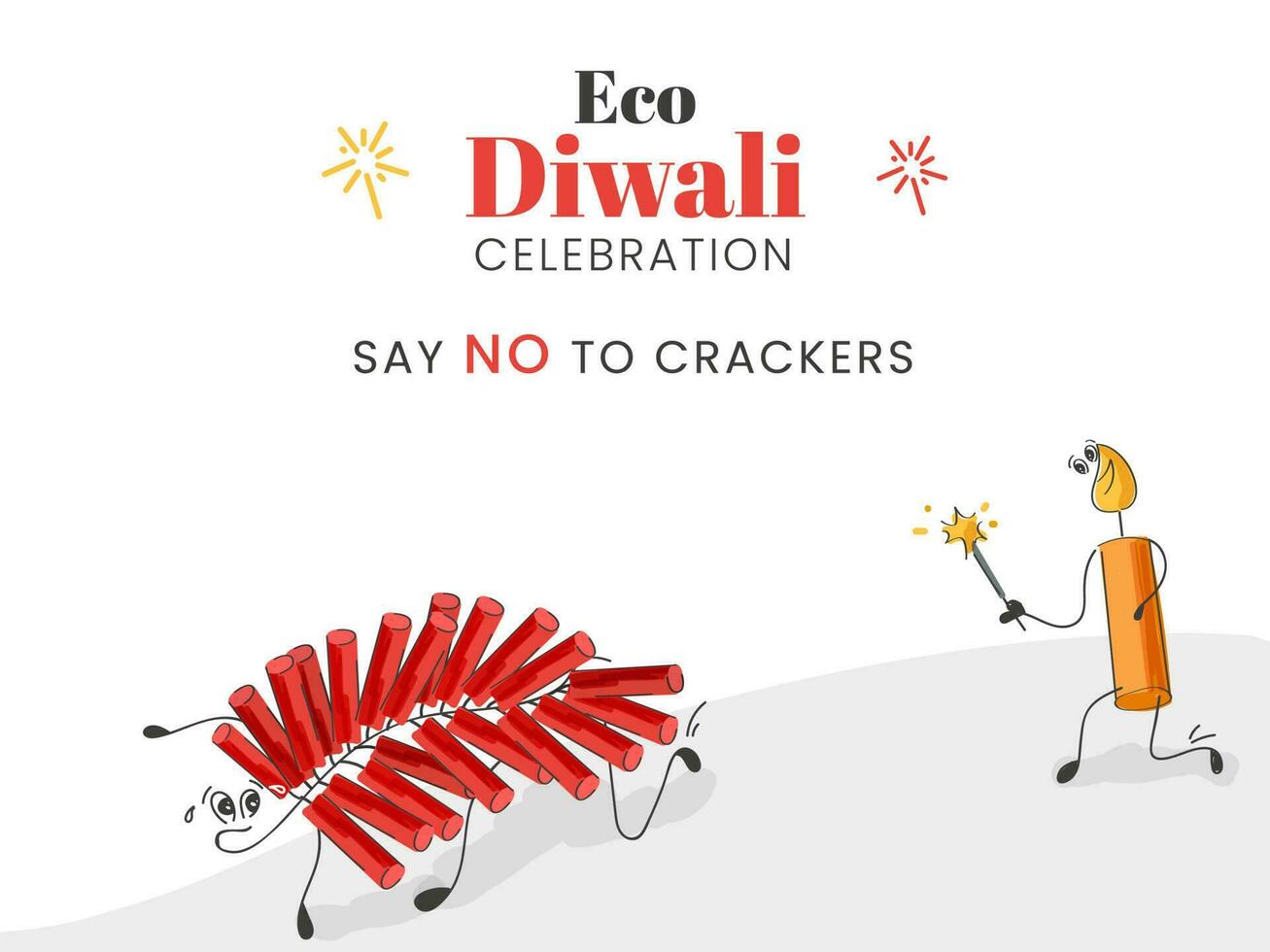 klotter stil tecknad serie ljus löpning Bakom smällare rand och säger Nej till crackers för eco diwali firande. vektor