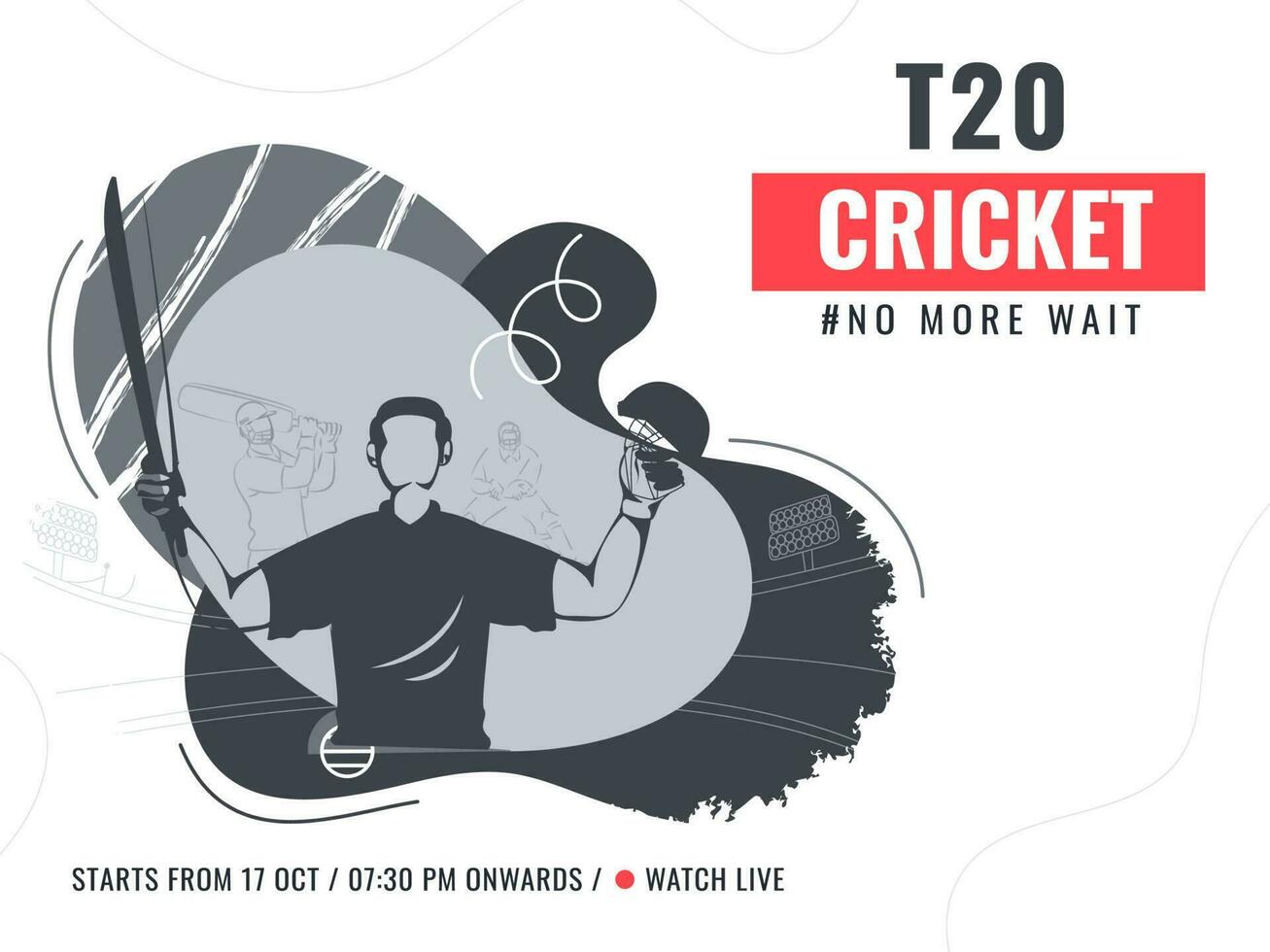 t20 cricket affisch design med ansiktslös slagman spelare i vinnande placera på abstrakt svart och vit bakgrund. vektor