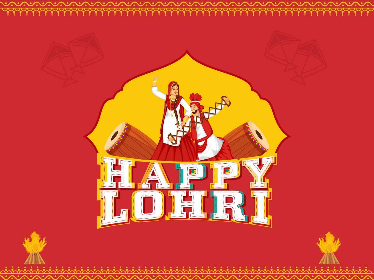 glücklich lohri Schriftart mit Punjabi Paar tun Volk tanzen, Musical Instrument, Lagerfeuer auf Gelb und rot Hintergrund. vektor
