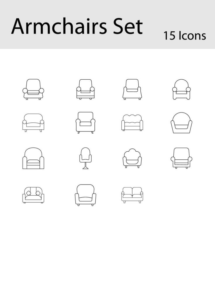 stroke stil 15 fåtölj ikoner på vit bakgrund. vektor