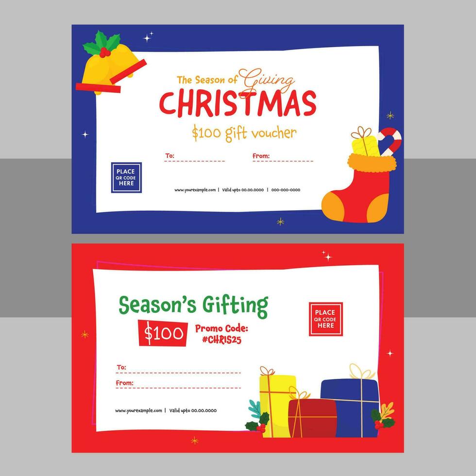 uppsättning av jul gåva voucher design med klingande klocka, ull- strumpa, järnek bär, godis sockerrör och gåva lådor illustration vektor