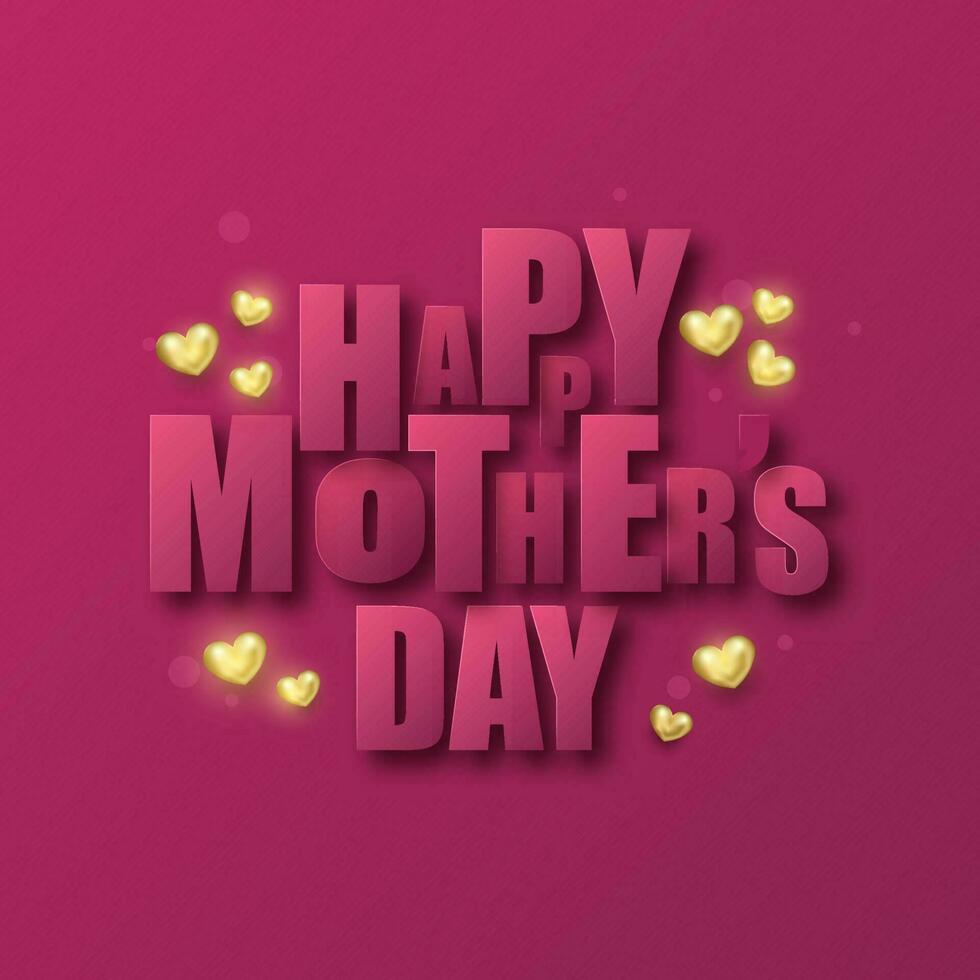 papper skära Lycklig mors dag text med gyllene hjärtan på rosa bakgrund. vektor