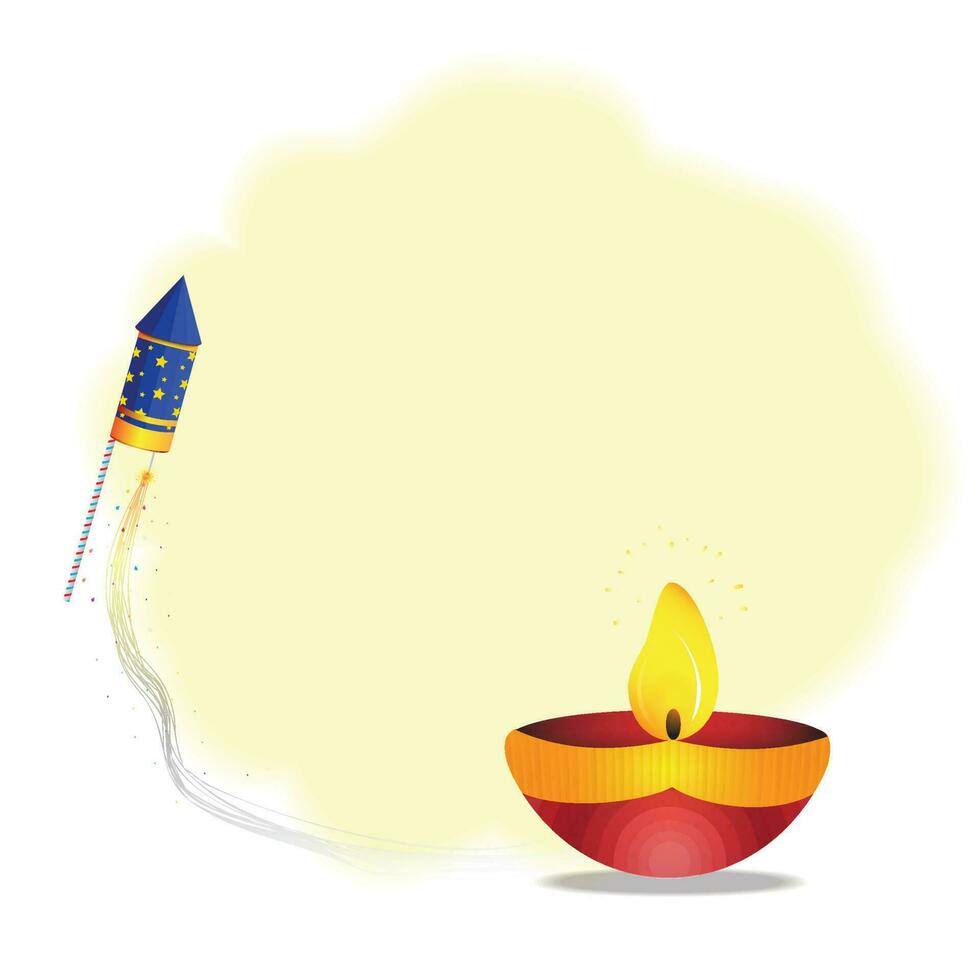Lycklig diwali med brinnande diya olja lampa med crackers på gul bakgrunder för festival av ljus. vektor