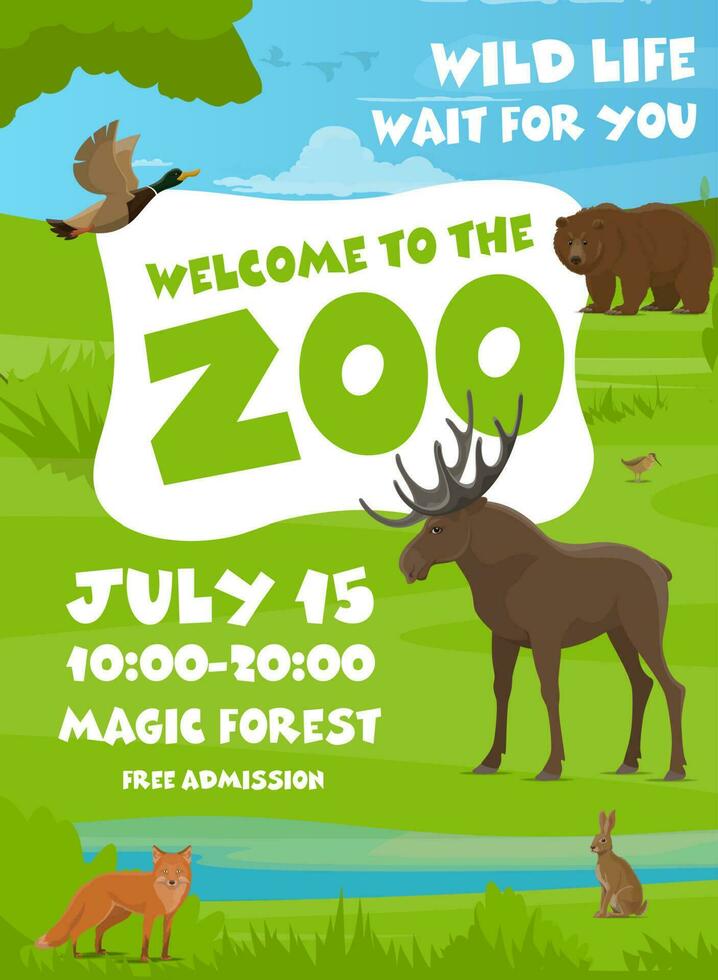 Zoo Flyer mit Wald Tiere und Vögel im Park vektor