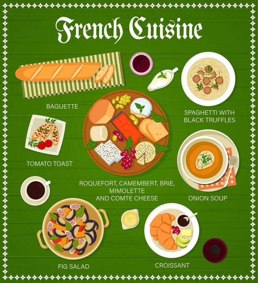 franska kök meny, traditionell mat maträtter vektor