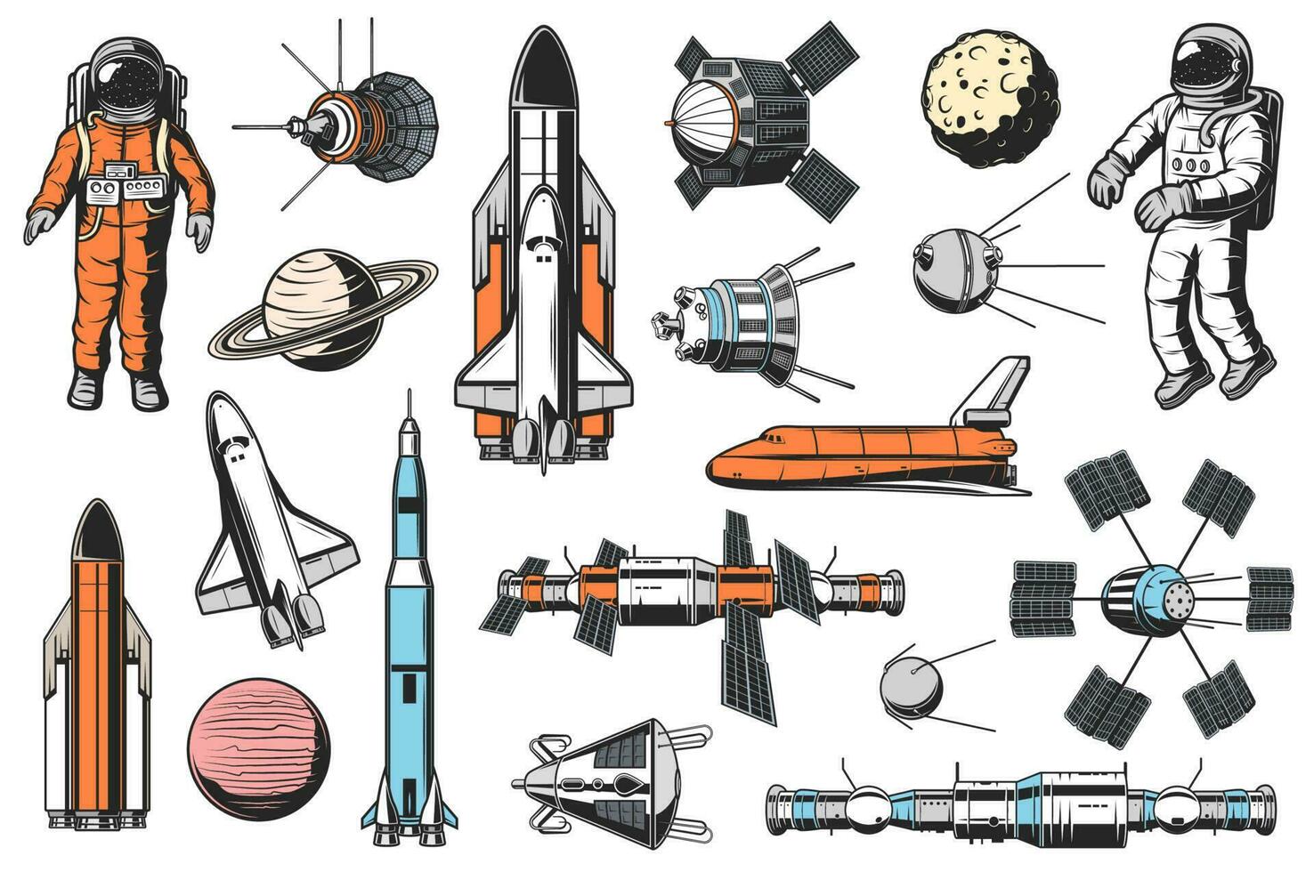 Plats och astronomi retro ikoner vektor uppsättning